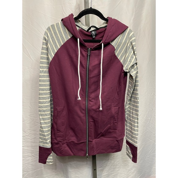 7 Degrees Tops - 7 Degrees Burgundy Gray Striped Sleeve Full Zip Hoodie Sweatshirt Womens Medium